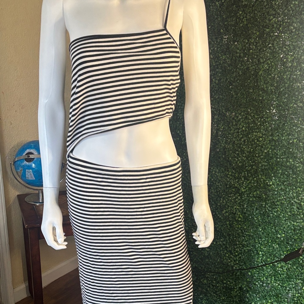 Fashion Nova Black & White Striped Asymmetrical Cutout Skirt Set